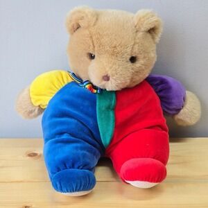 Vintage Eden Teddy Bear Plush Velour Primary Colors Rainbow Bow Toy 1990s